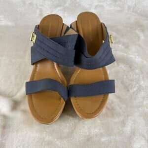 Tommy Hilfiger Cork Wedge Sandals Women's Size 9M Navy Blue Toggle Straps